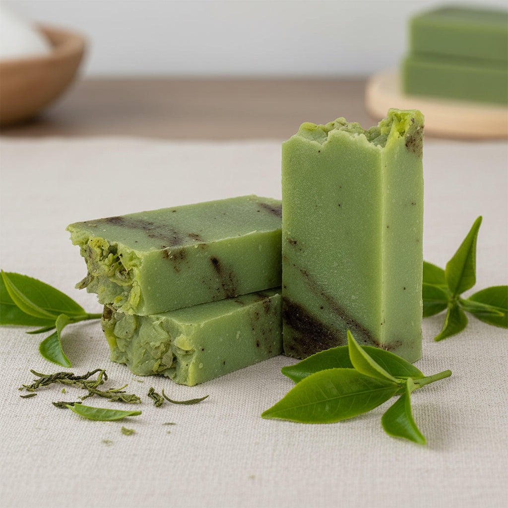 Savon artisanal à l'huile d'olive, à l'arbre à thé et au thé vert. 90-100g