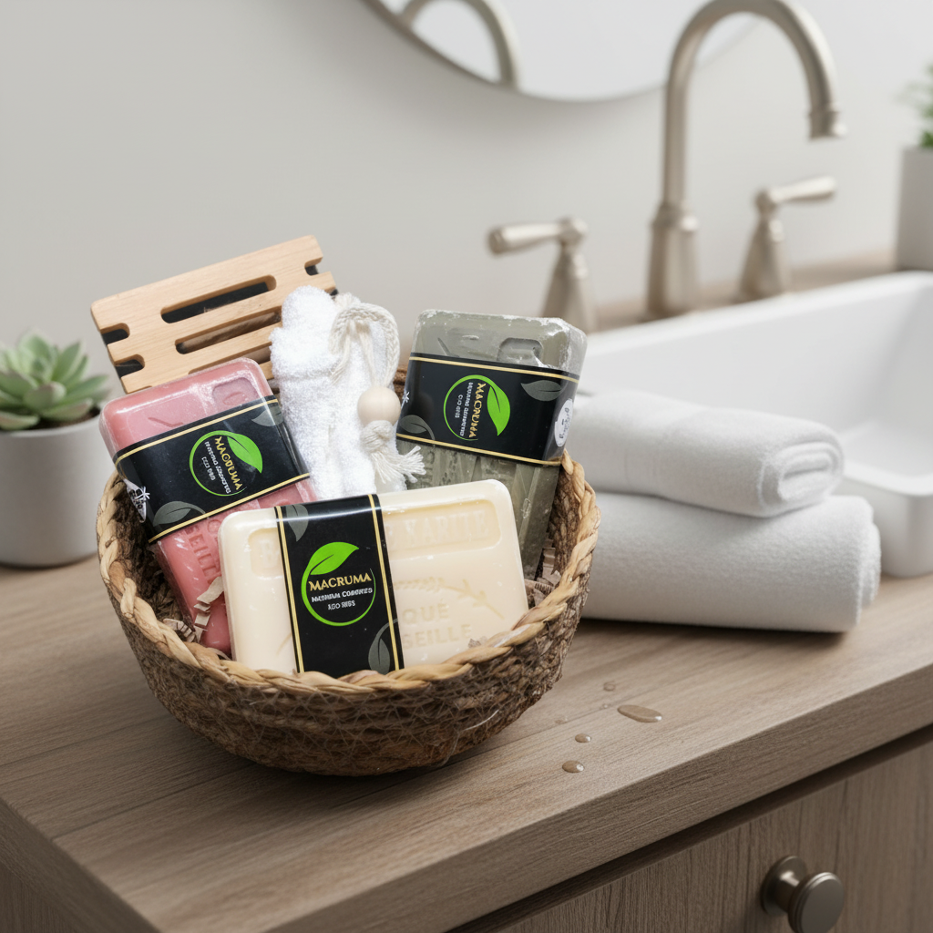 Cesta regalo: jabón de Marsella artesano y jabonera de madera
