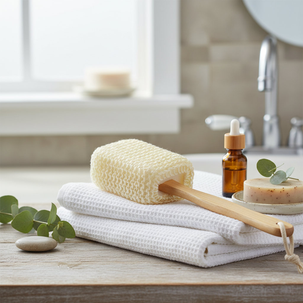 Esponja exfoliante de fibra de pita natural con mango de madera.